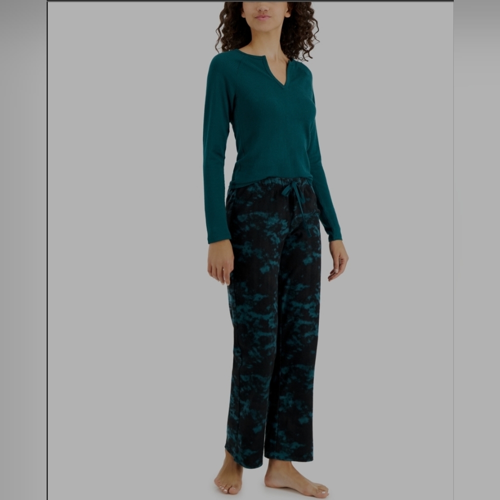 Jenni Women's Printed Wide-Leg Fleece Pajama Pants Set Green Loungewear 2pc